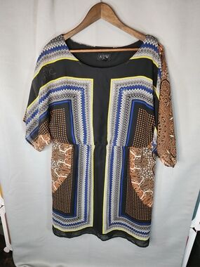 AUW Black Tunic with Blue, Yellow & Brown Geometric-Paisley Panels